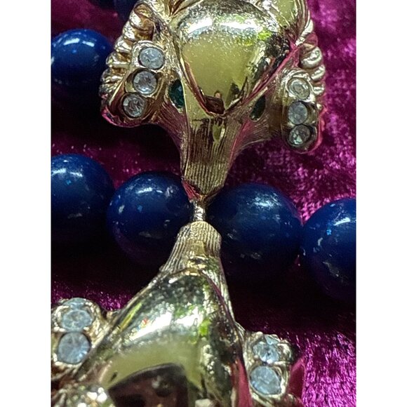 KJL For Avon Double Rams Heads Gold-Tone Necklace With Blue Beads - Picture 5 of 8